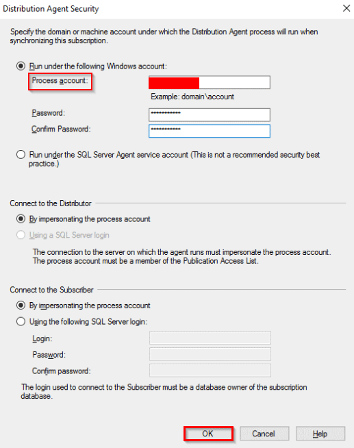 Configuring Distribution Agent Security.